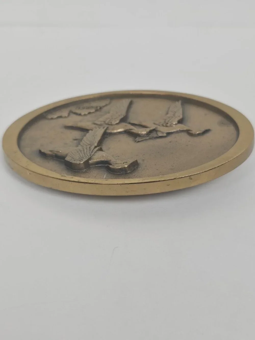 Owen Gromme Designed Three Wood Ducks Over Marsh 1980's Brass Tone Belt Buckle
